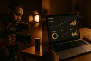 Professional filmmaker shooting a small business owner in a modern office, representing a business video strategy