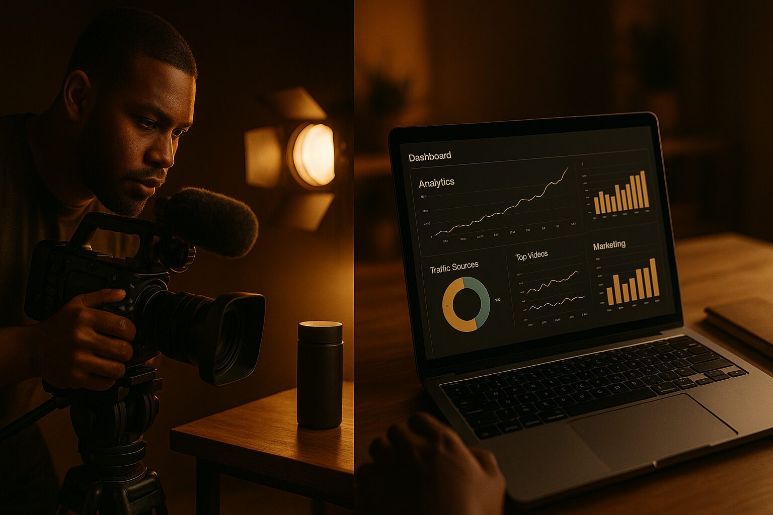 Professional filmmaker shooting a small business owner in a modern office, representing a business video strategy